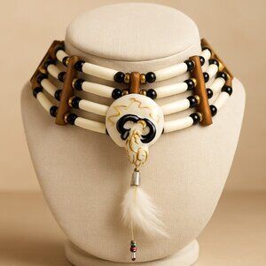 Handcrafted Southwest Choker Necklace Buffalo Horn Pendant Feathers Beads Strap
